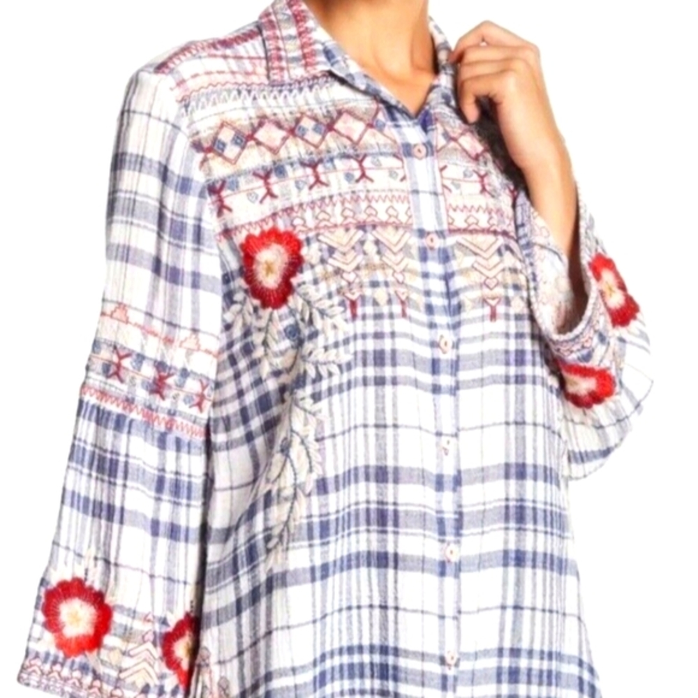JOHNNY WAS Workshop Freddie Plaid Embroidered Flannel Button Down Shirt